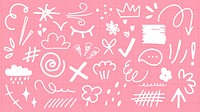 Playful doodles on pink background. Doodles include arrows, clouds, stars, and swirls. Fun doodles for creative projects. Doodles for art and design. White doodle elements, vector set.