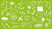 Playful doodles on a green background. Doodles include swirls, clouds, and crowns. Whimsical doodles add fun and creativity. Doodles for artistic inspiration. White doodle elements, vector set.