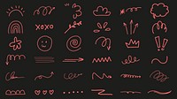 Collection of pink doodles on a dark background. Includes arrows, clouds, and swirls. Playful pink doodles add charm. Fun pink doodles for creative designs. Colorful doodle elements, vector set.