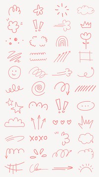 A collection of pink doodles including arrows, clouds, hearts, and stars. Whimsical and playful designs with various shapes and symbols in pink. Colorful doodle elements, vector set.