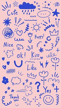 Playful doodles with hearts, stars, and flowers. Cute and happy sketches in blue on a pink background. Fun, whimsical, and cheerful designs. Colorful typography vector set.