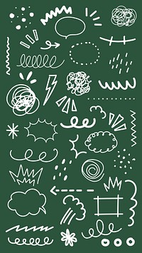 Doodle elements on green background. Various doodles include squiggles, clouds, and arrows. Doodle patterns, playful doodles, creative doodles. White doodle elements, vector set.