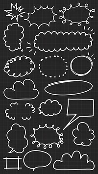 Collection of white hand-drawn speech bubbles on a black background. Various shapes and sizes of speech bubbles, perfect for design and illustration projects. White doodle elements, vector set.