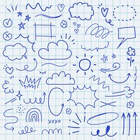 Doodle set with clouds, stars, and speech bubbles. Includes clouds, arrows, and stars. Playful doodles with clouds and stars on grid paper. Colorful doodle elements, vector set.