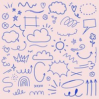 Doodle collection with clouds, arrows, and stars. Blue doodles, playful clouds, swirling arrows. Fun doodles with stars, clouds, and arrows on a light background. Colorful doodle elements, vector set.