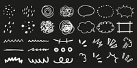 Set of hand-drawn doodles, including speech bubbles, swirls, and zigzags. Doodles feature various shapes and lines, perfect for creative design projects. White doodle elements, vector set.