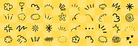 Doodle icons on yellow background. Various doodles, sketchy designs, and hand-drawn symbols. Doodle art with clouds, flowers, and swirls on yellow. Black hand drawn elements, vector set.