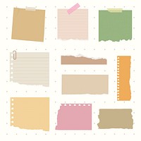 Collection of colorful paper notes, sticky notes, and torn paper pieces. Includes lined paper, sticky notes, and torn edges in various colors and styles. Stationery element vector set.