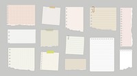 Collection of torn paper notes in various sizes and colors. Includes lined, grid, and plain paper. Torn paper, paper notes, and paper textures. Stationery element vector set.