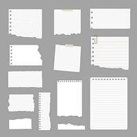 Collection of torn paper notes, various sizes and shapes. Torn paper with rough edges, blank notes, and paper sheets for creative designs and scrapbooking. Stationery element vector set.