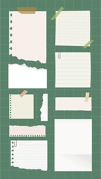 Collection of torn paper notes on a green grid background. Includes lined, grid, and plain paper. Torn paper, notes, and grid background create a vintage look. Stationery element vector set.