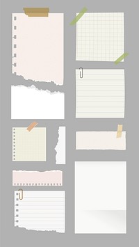 Collection of torn paper notes. Torn paper edges, taped notes, paper clips. Various paper styles, taped paper, torn paper, paper clips on gray background. Stationery element vector set.