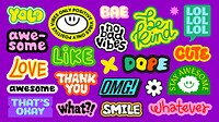 Colorful stickers with positive words like 'awesome', 'love', 'dope', 'smile', 'be kind', 'positive vibes', 'thank you', 'stay awesome' on a purple background Funky stickers, vector set