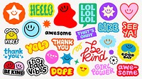 Colorful stickers with positive messages like 'Be Kind', 'Good Vibes', 'Awesome', and 'Girl Power' Bright, cheerful designs with smiley faces and playful fonts Funky stickers, vector set