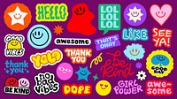 Colorful stickers with positive words like 'awesome', 'be kind', 'good vibes', and 'thank you' Bright, cheerful designs with smiley faces and fun shapes Funky stickers, vector set