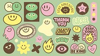 Colorful stickers with positive vibes, smiley faces, and motivational words like 'Stay Awesome' and 'Be Kind' Fun, cheerful, and uplifting designs Funky stickers, vector set