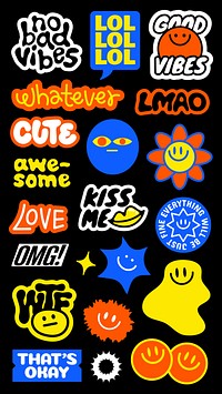 Colorful sticker set with playful phrases like 'no bad vibes,' 'LOL,' 'good vibes,' 'whatever,' 'cute,' 'awesome,' 'love,' 'OMG,' 'WTF,' and 'that's okay' Funky stickers, vector set