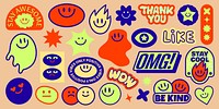 Colorful sticker set with smiley faces, positive messages, and fun shapes Includes phrases like 'Stay Awesome,' 'Thank You,' and 'Be Kind' Funky stickers, vector set