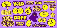 Colorful stickers with phrases like YOLO, OMG, and awesome Fun, playful, and vibrant designs with smiley faces and quirky expressions on a purple background Funky stickers, vector set