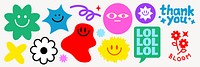 Colorful abstract shapes with smiling faces, stars, and flowers Playful designs include 'thank you' and 'LOL' text Bright, cheerful, and fun elements Funky stickers, vector set