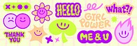 Colorful stickers with phrases like 'Hello', 'Girl Power', 'Thank You', and 'Me & U' Bright, playful designs with smiley faces and stars Funky stickers, vector set