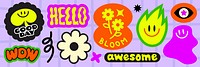 Colorful retro stickers with words like 'hello', 'awesome', 'wow', and 'bloom' Bright flowers, smiley faces, and abstract shapes on a purple background Funky stickers, vector set