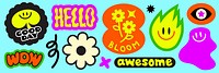 Colorful retro stickers with words like 'hello', 'awesome', 'good day', and 'wow' Features flowers, smiley faces, and bold designs Fun and vibrant retro style Funky stickers, vector set