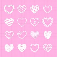 Pink background with white heart doodles. Various heart designs repeat across the grid. Hearts, doodles, and pink theme create a playful, romantic vibe. Cute Valentine's Day elements, vector set.