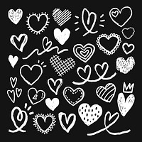 Chalk heart doodles on black background. Variety of heart shapes and styles. Hand-drawn heart illustrations for creative designs. Heart doodles for art projects. Hand drawn Valentine's Day vector set.