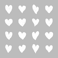 Pattern of white hearts on a gray background. Repeated heart shapes create a minimalist and romantic design. Simple heart pattern for decoration. White doodle Valentine's Day vector set.