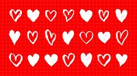 White hand-drawn hearts on a red grid background. Various heart shapes, hand-drawn style. Red grid with white hearts, hand-drawn, repeating pattern. Cute hand drawn Valentine's Day vector set.