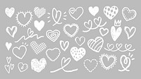 Chalk-drawn hearts on a gray background. Various heart shapes, doodle style. Whimsical, hand-drawn hearts. Decorative heart patterns, playful design. White doodle Valentine's Day vector set.