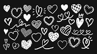 Chalk-drawn hearts in various styles on a blackboard. Doodle hearts, sketch hearts, and creative heart designs fill the blackboard. Artistic hearts in chalk. Hand drawn Valentine's Day vector set.