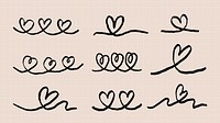 A collection of hand-drawn heart doodles on a beige background. Heart designs vary in style, with loops and lines. Perfect for romantic or artistic projects. Hand drawn Valentine's Day vector set.