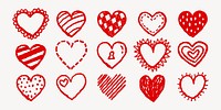 Set of 15 red heart doodles, featuring various patterns like stripes, dots, and zigzags. Hand-drawn hearts, red hearts, and doodle hearts in a playful style. Cute hand drawn Valentine's Day vector set