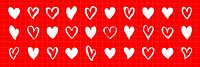 Pattern of white hearts on a red grid background. Hearts are arranged in rows. Red and white contrast. Heart shapes vary slightly. Red grid enhances design. Cute hand drawn Valentine's Day vector set.