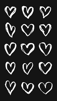 Sixteen white hand-drawn hearts on a black background. Heart pattern, heart design, heart shapes. Simple, artistic, and expressive heart illustrations. Hand drawn Valentine's Day vector set.