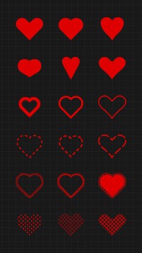 Set of red heart icons on a black grid background. Various heart shapes and styles. Heart designs include solid, outlined, and patterned hearts. Valentine's Day elements, vector set.