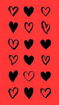 Pattern of black hearts on a red background. Repeated heart shapes in various styles. Black hearts on red, creating a bold and striking visual effect. Cute hand drawn Valentine's Day vector set.