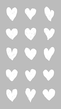 Pattern of white hearts on a gray background. Repeated heart shapes create a simple, elegant design. White hearts, gray background, heart pattern. White doodle Valentine's Day vector set.