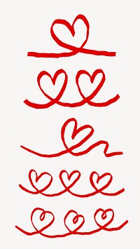 Red heart doodles on white background. Heart shapes, heart lines, and heart patterns create a playful, romantic design. Perfect for love-themed projects. Cute hand drawn Valentine's Day vector set.