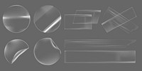 Set of transparent tape strips on a gray background. Includes various shapes of tape, like circles and rectangles. Clear tape, adhesive tape, versatile tape. Sticker element vector set.