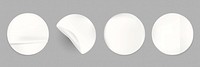 Four round white stickers on a gray background. Each sticker shows a different perspective: flat, peeling, folded, and glossy. Stickers are white and round. Sticker element vector set.