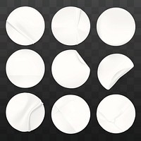 Set of nine white circular stickers with various folds and creases on a dark background. Each sticker shows unique creases, adding texture and depth. Sticker element vector set.