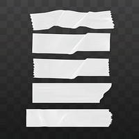 Set of white torn duct tape strips on a transparent background. Torn tape pieces, white tape strips, and duct tape textures are shown in various shapes. Sticker and tape element vector set.