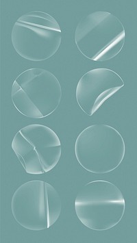 Set of eight transparent glass spheres on a teal background. Glass spheres with reflections. Circular glass shapes with a smooth, shiny surface. Sticker element vector set.