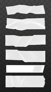 Set of six white adhesive tape strips on a transparent background. Realistic torn tape, crumpled tape, and smooth tape for design projects. Sticker and tape element vector set.