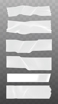 Set of six white torn adhesive tape strips on a transparent background. Realistic torn tape with varied shapes. Perfect for design projects needing tape effects. Sticker and tape element vector set.