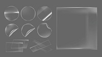 Transparent glass stickers set. Glass stickers in various shapes: circles, squares, rectangles. Clear, glossy glass stickers for design projects. Sticker element vector set.