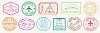 Colorful travel stamps with airplane, ship, and train icons. Travel-themed stamps include 'Approved' and 'Explore the World' designs. Travel stamps for adventure. Colorful travel stamps, vector set.